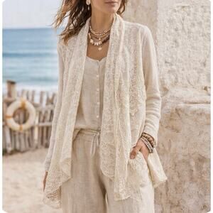 Multiples Ivory Lace Crochet Cardigan XL NWT Open Front Boho Lagenlook Duster